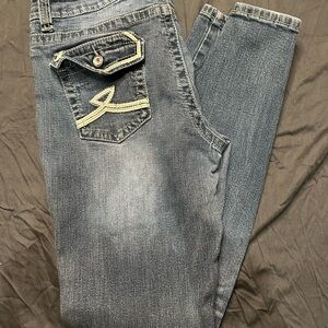 Rue21 Women's Straight Leg Jeans - Faded Blue with Cream Stitching
